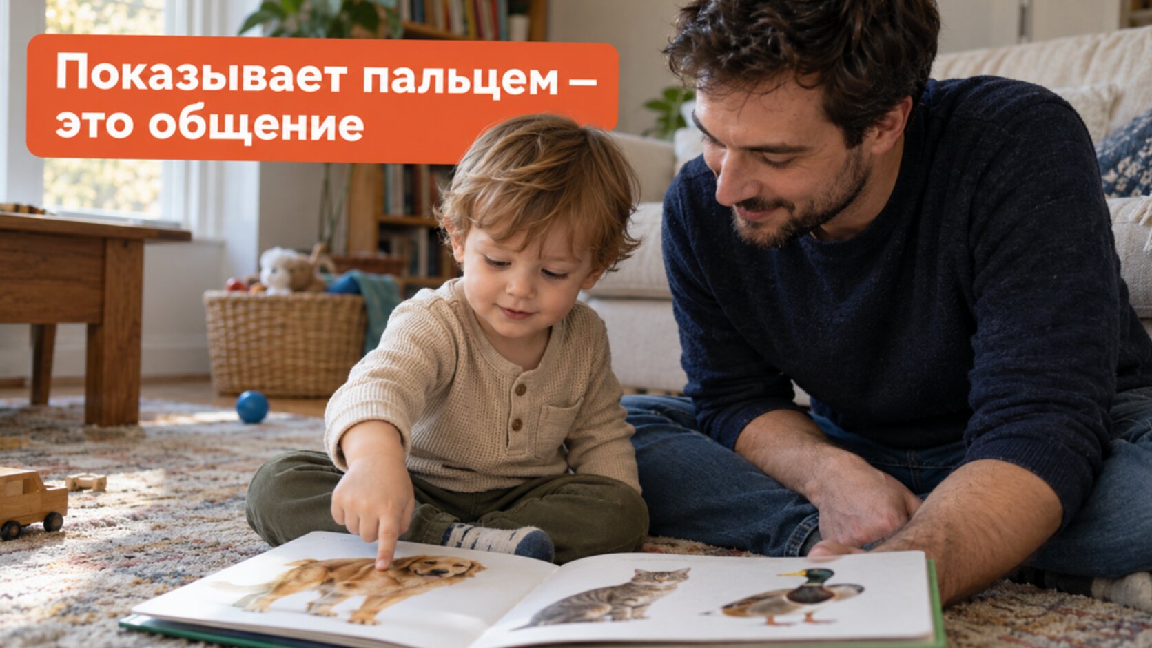 Малыш показывает пальцем на собаку в книжке: понимание речи и жесты в 2 года