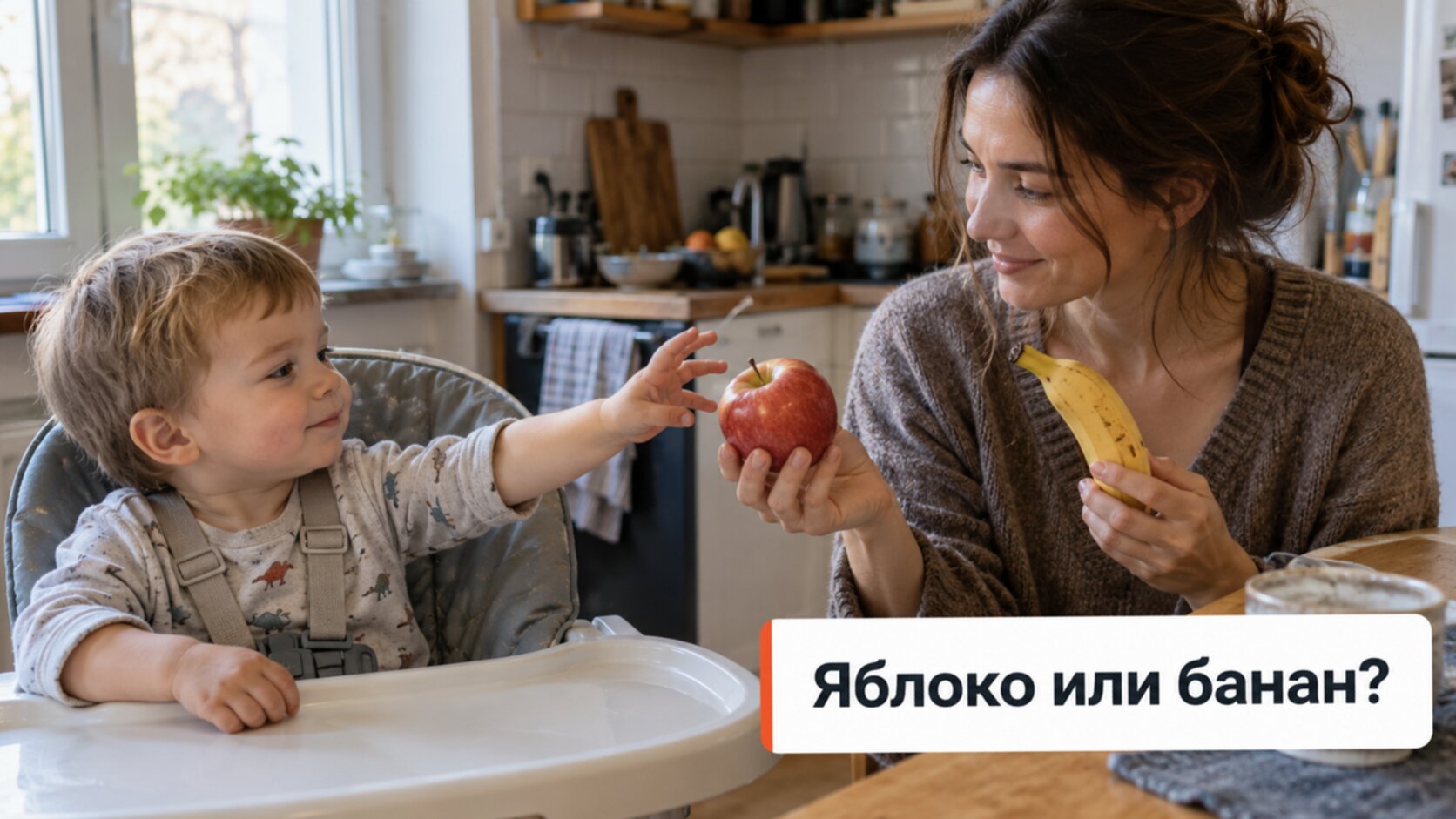 Выбор вместо вопроса: мама показывает малышу яблоко и банан, мальчик тянется к яблоку