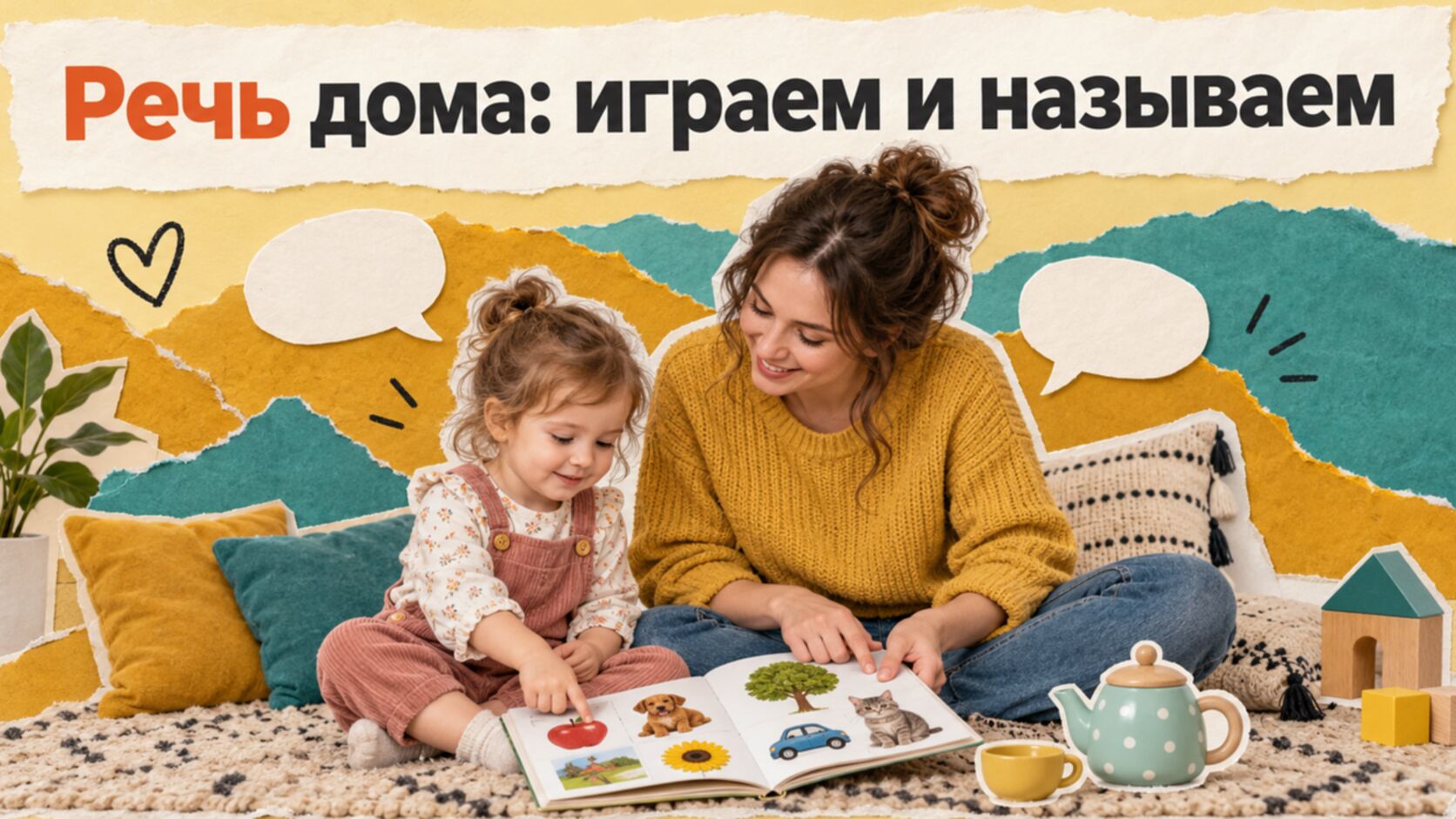 Коллаж: мама и малыш играют с книжкой и чайником, домашние игры, если ребёнок не говорит в 3 года