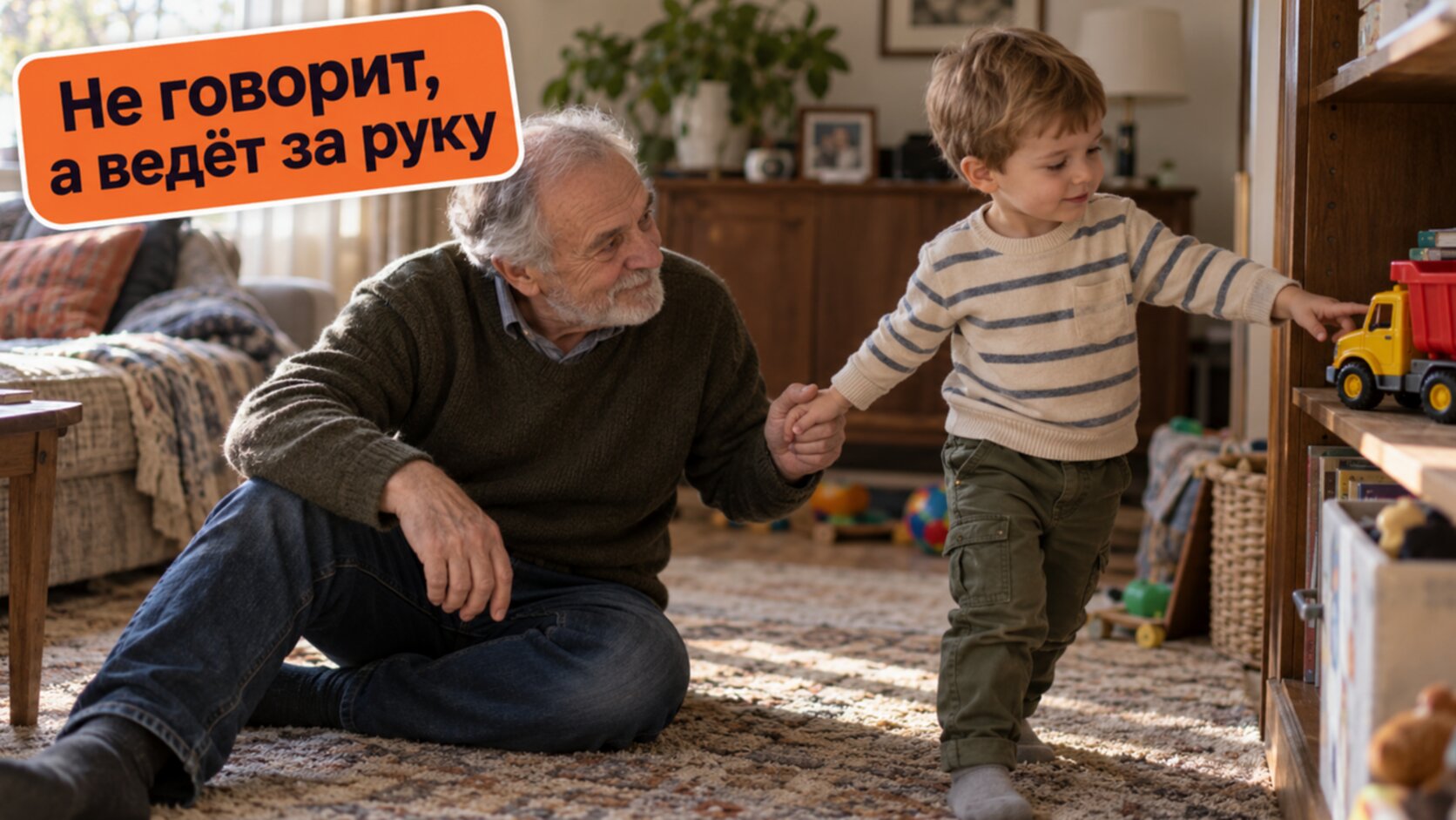 Трёхлетний мальчик ведёт дедушку за руку к игрушке вместо слов: ребёнок не говорит в 3 года