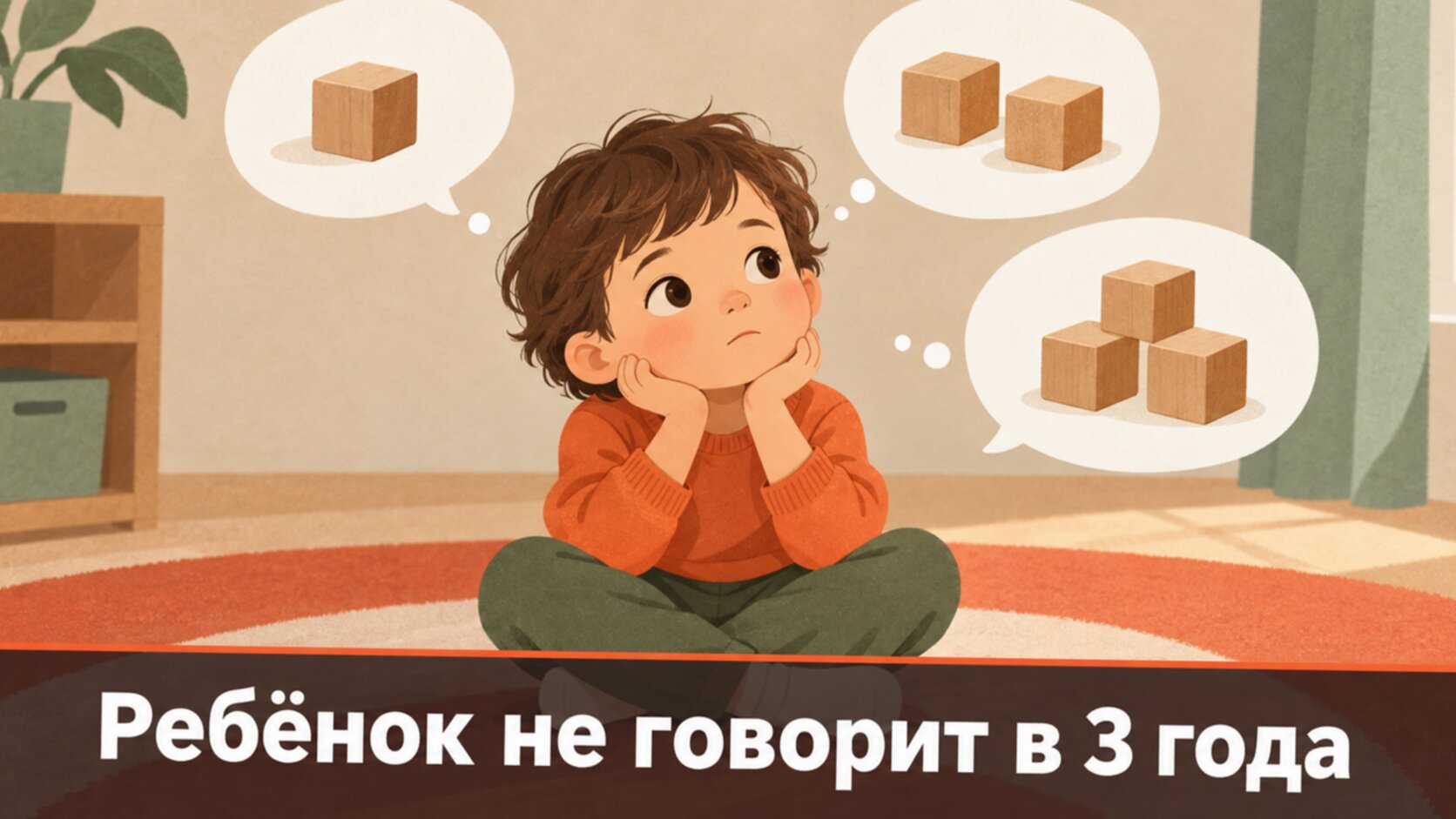 Иллюстрация: малыш и три облачка речи от одного слова к фразе из трёх слов, ребёнок не говорит в 3 года