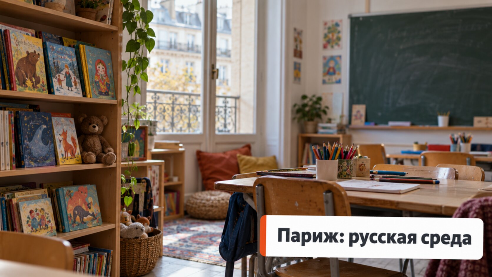 Детский класс с полкой русских книг и маленькими партами