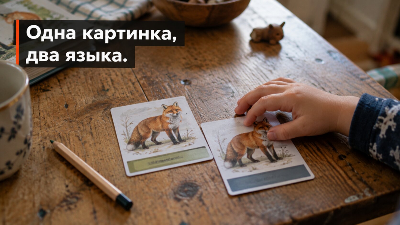 Двуязычие в польской среде: ребёнок раскладывает карточки с одним рисунком и подписями на двух языках