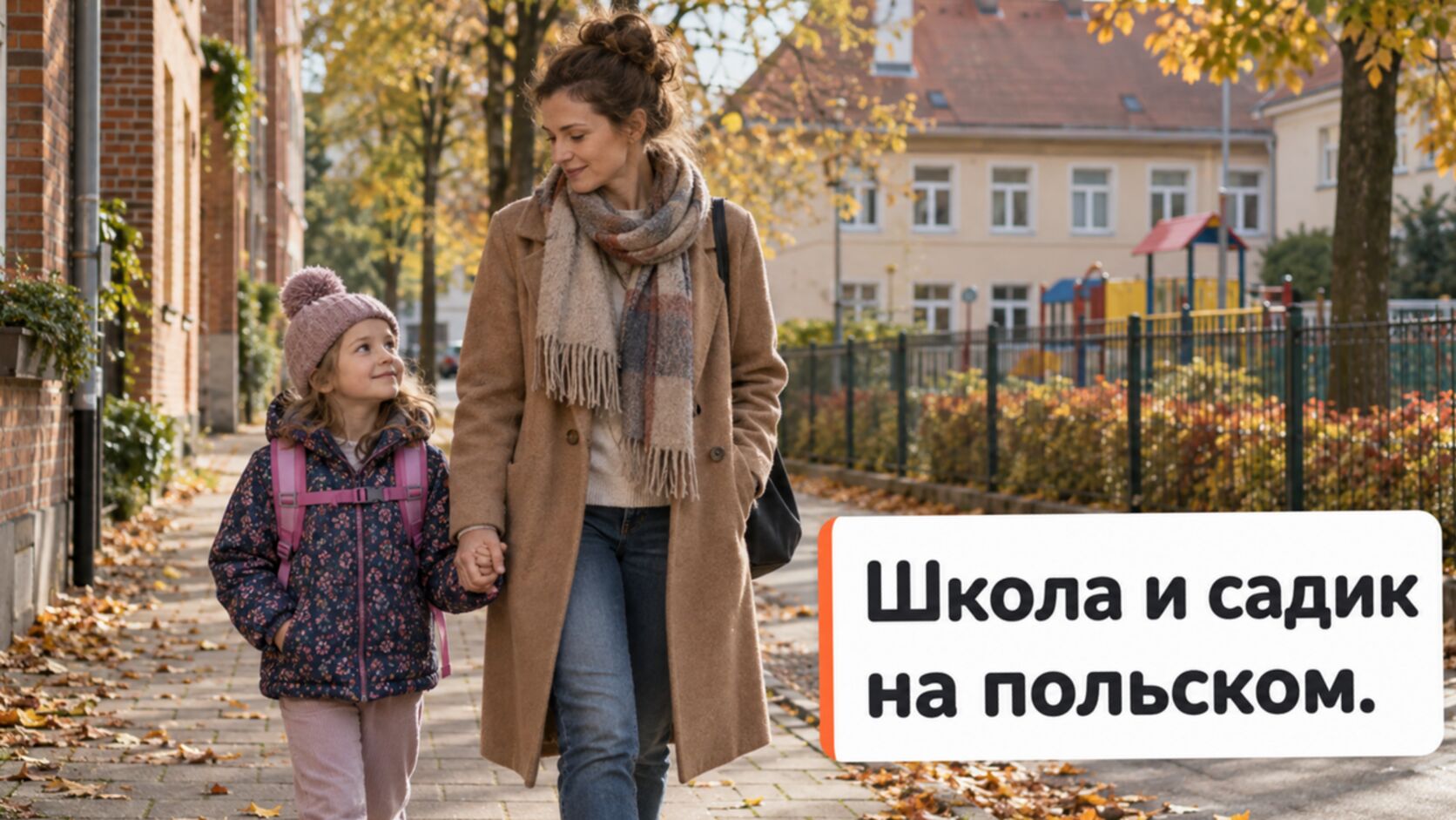 Русскоязычный логопед в Польше: мама с дочкой идут в школу по улице польского города