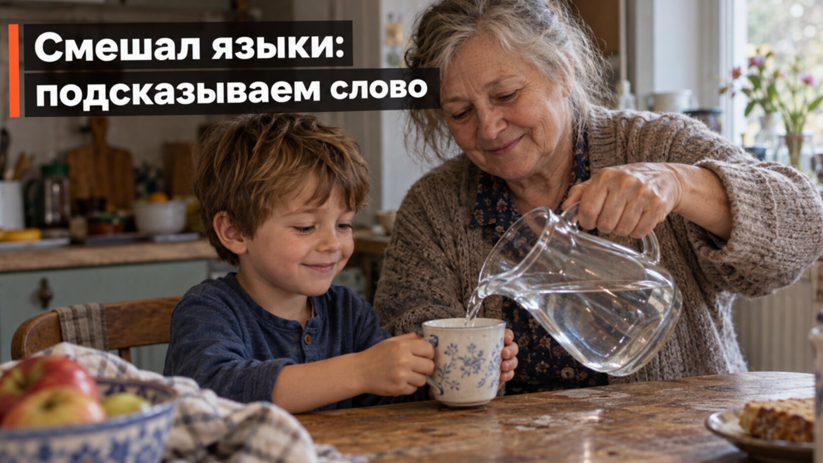Бабушка подсказывает внуку слово за кухонным столом: что говорить, когда ребёнок смешал языки