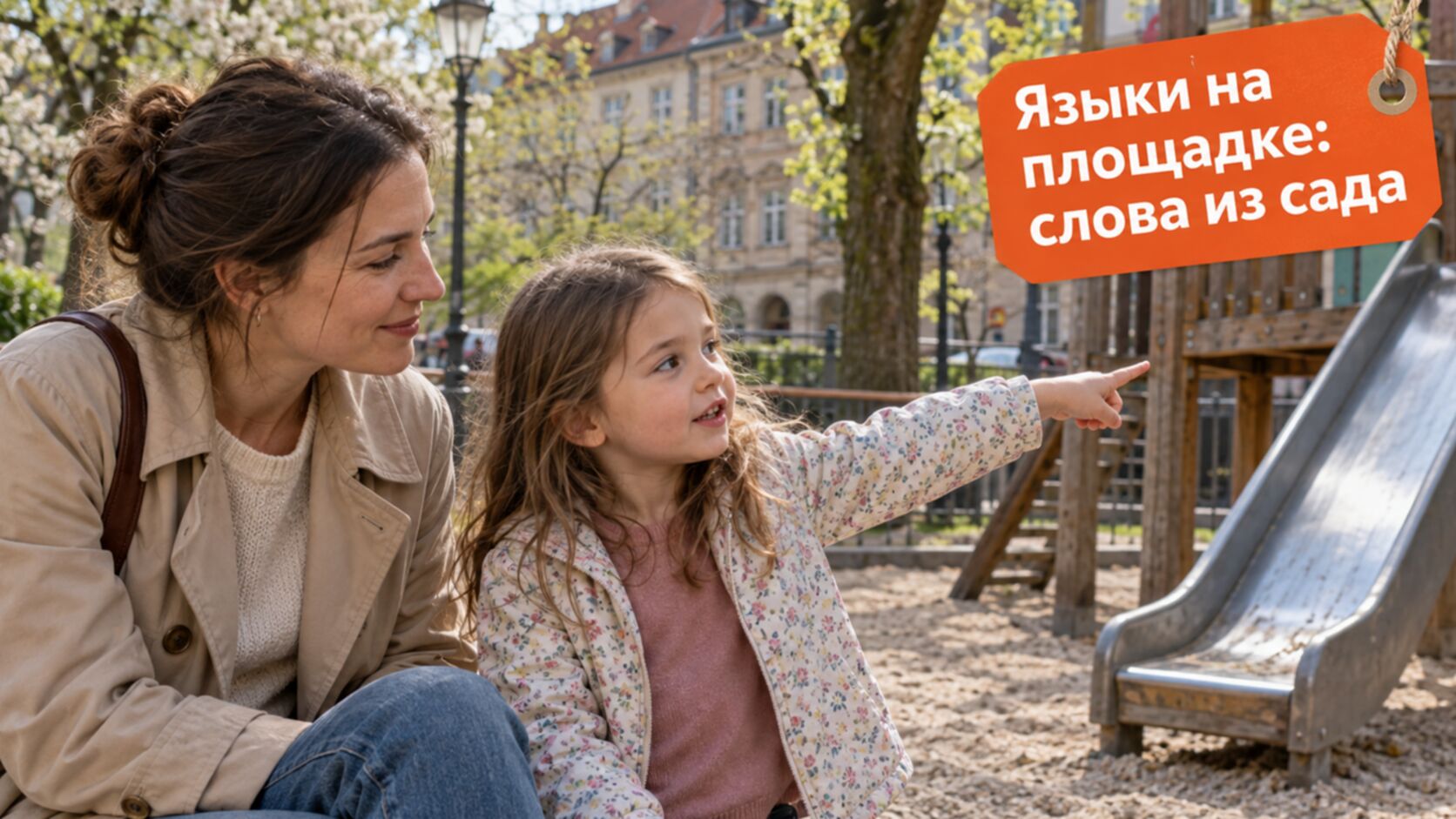 Девочка с мамой на детской площадке: ребёнок смешивает языки и называет слова из сада