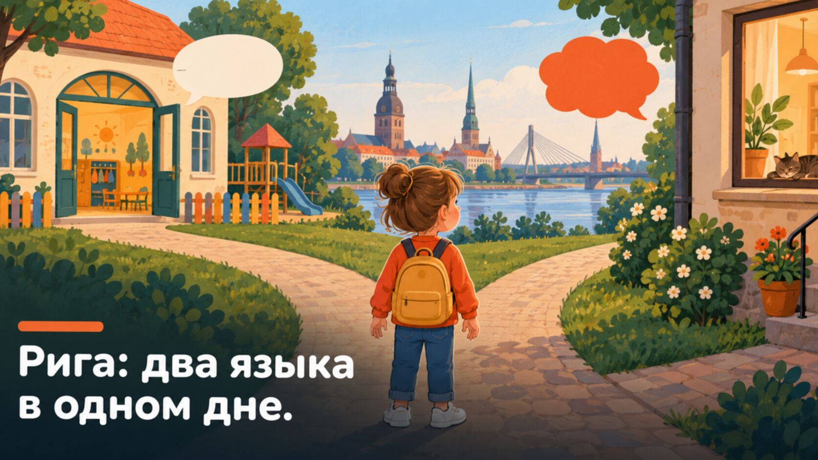 Рисунок: два пути ребёнка, к саду и к дому, с речевыми облачками
