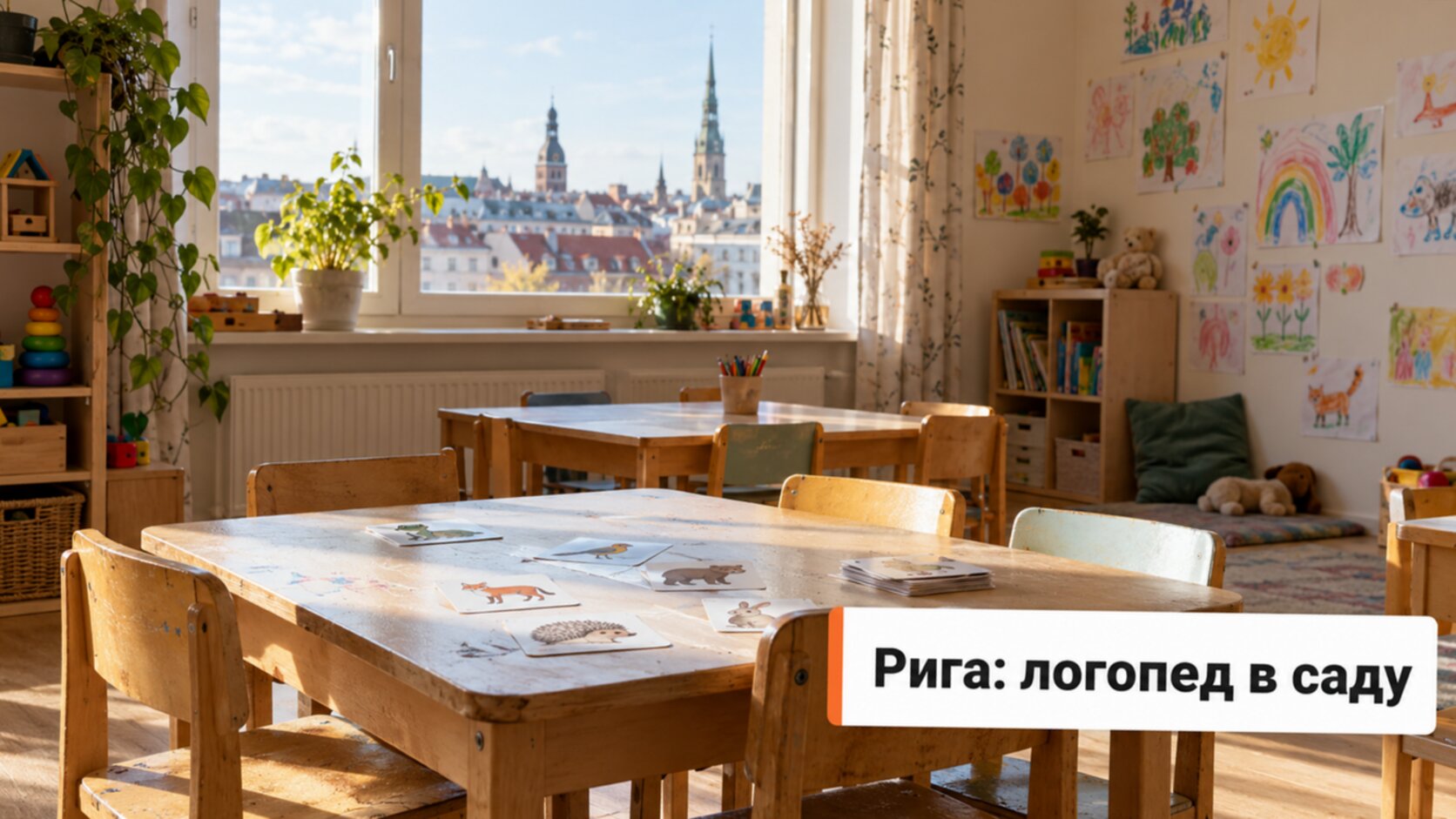 Светлая комната детского сада с картинками на столах