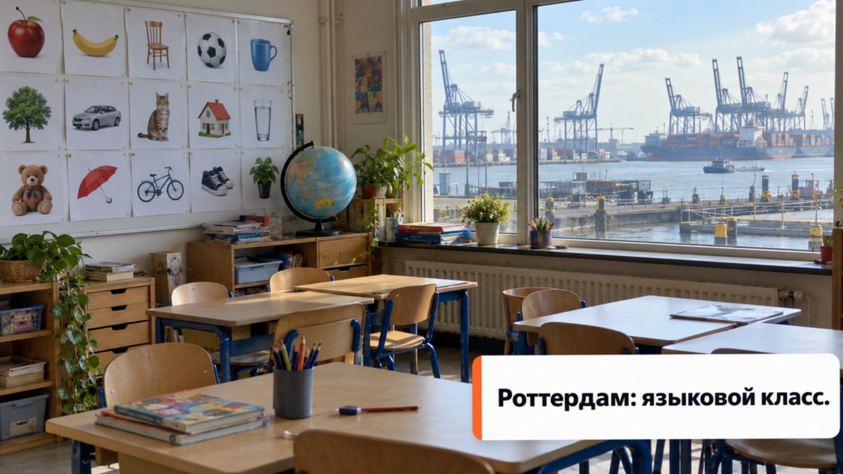 Светлый языковой класс с картинками на стене