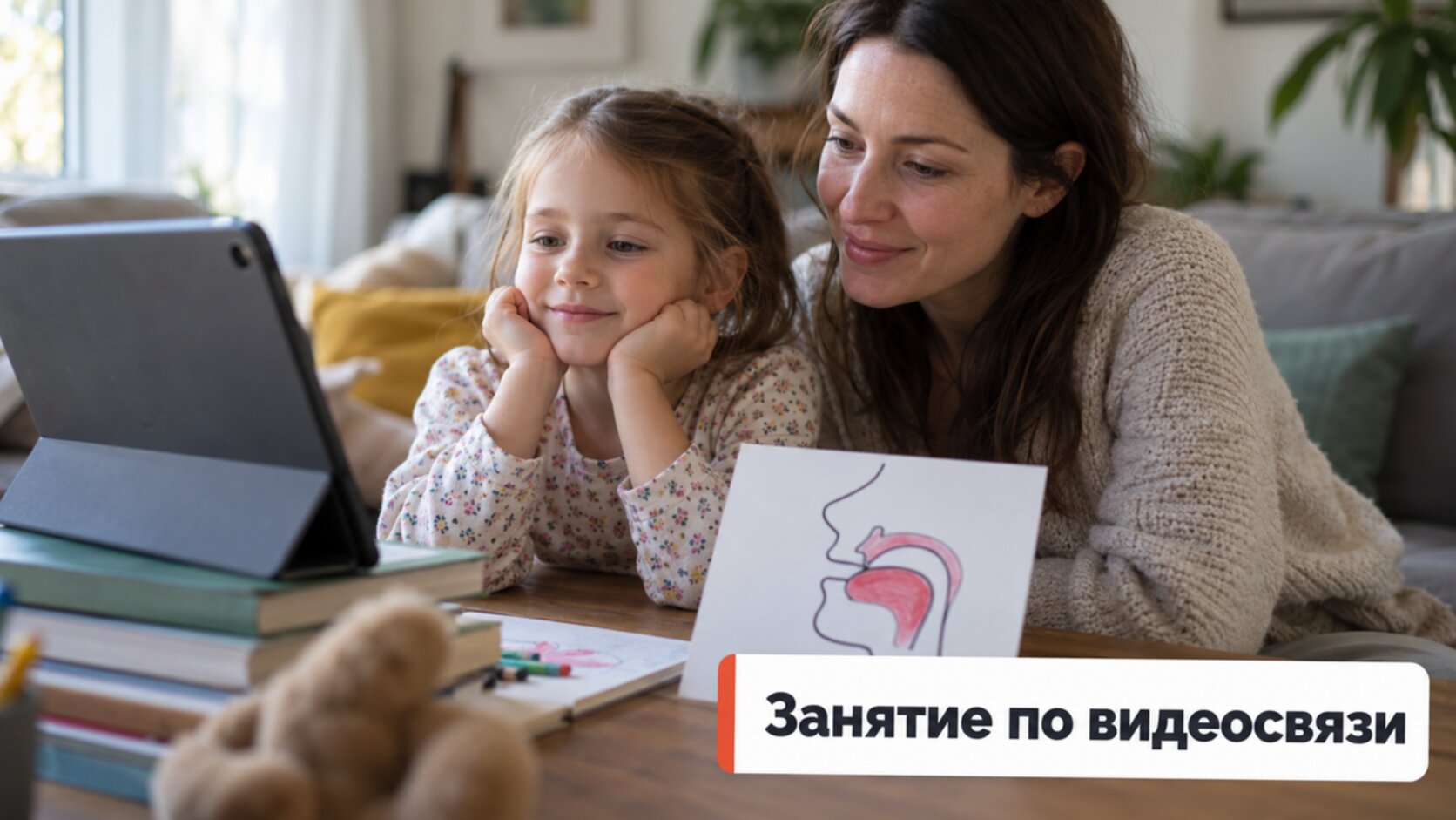 Исправление шепелявости онлайн: девочка с мамой на занятии с логопедом по видеосвязи