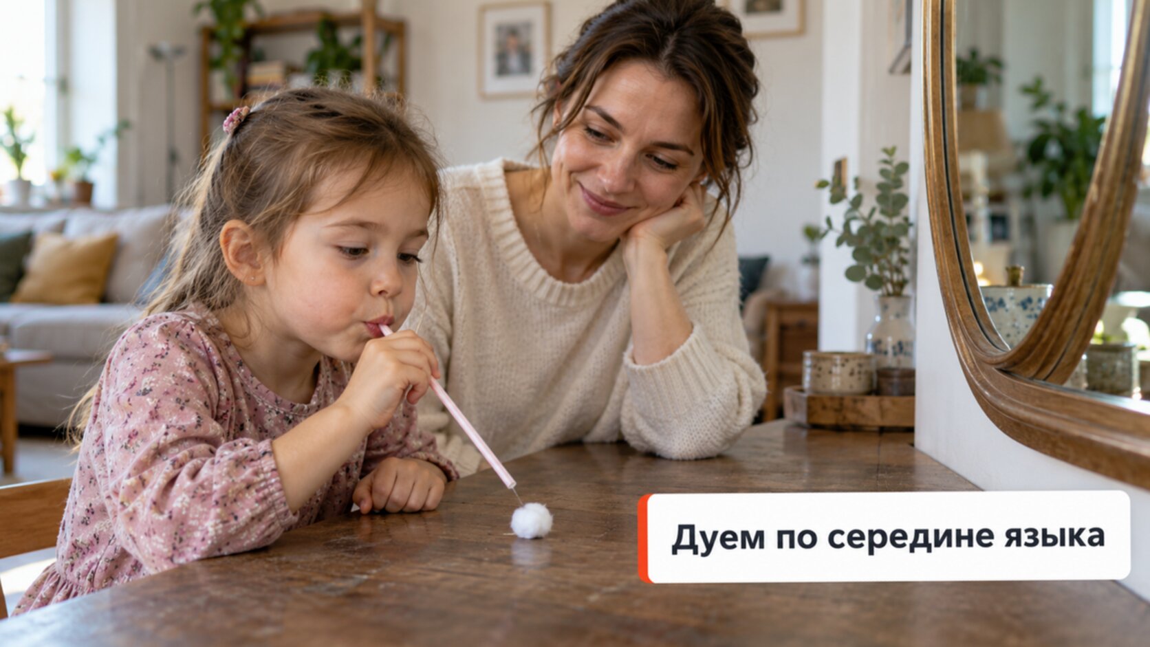Что делать при шепелявости дома: девочка дует на ватный шарик, мама рядом у зеркала