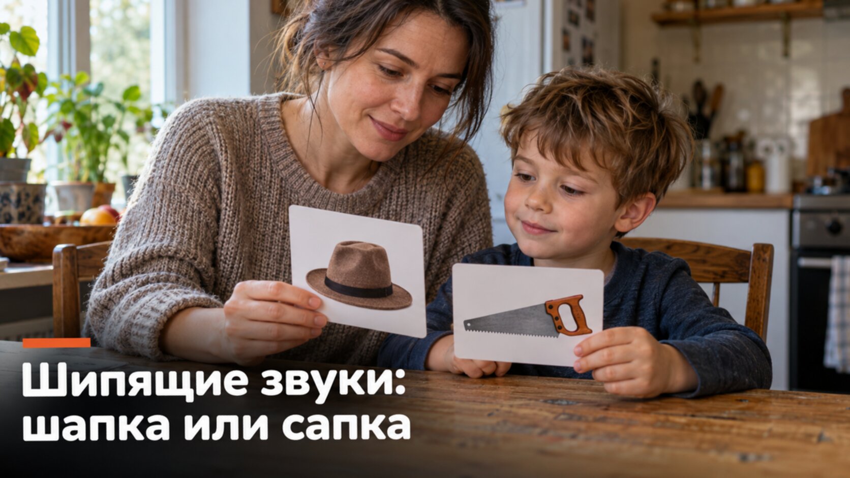 Мама и сын сравнивают картинки: шипящие звуки у детей на слух