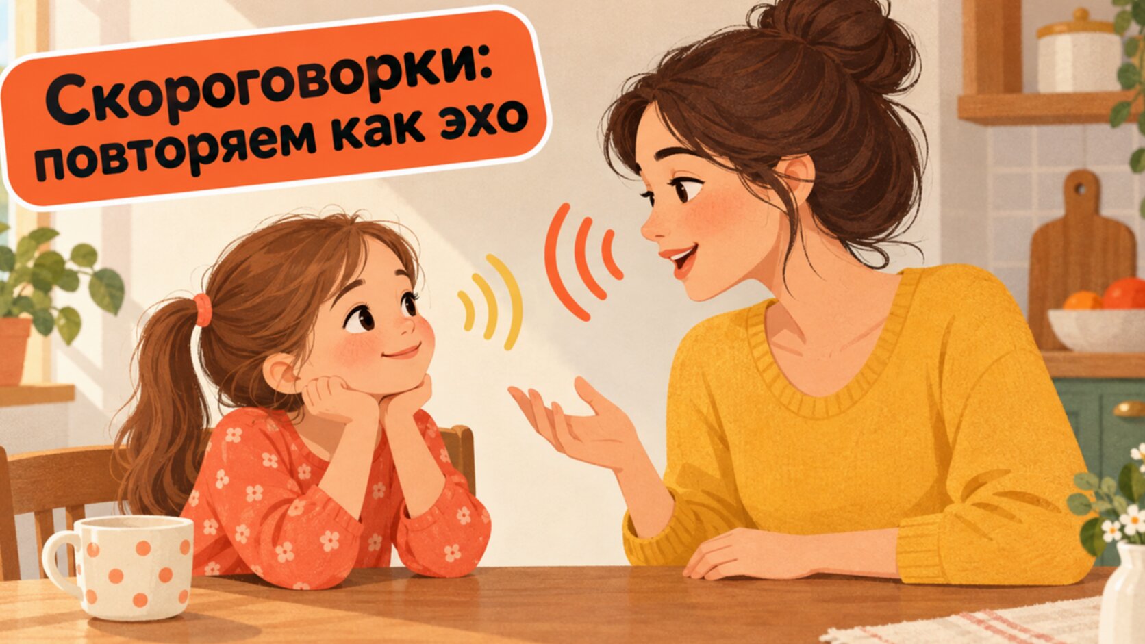 Скороговорки для детей: мама и дочка повторяют фразу как эхо