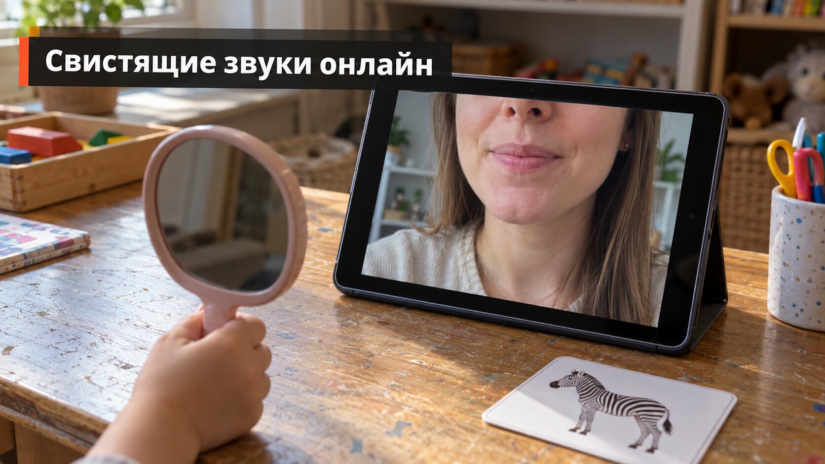 Планшет с логопедом и детское зеркальце: постановка свистящих звуков онлайн