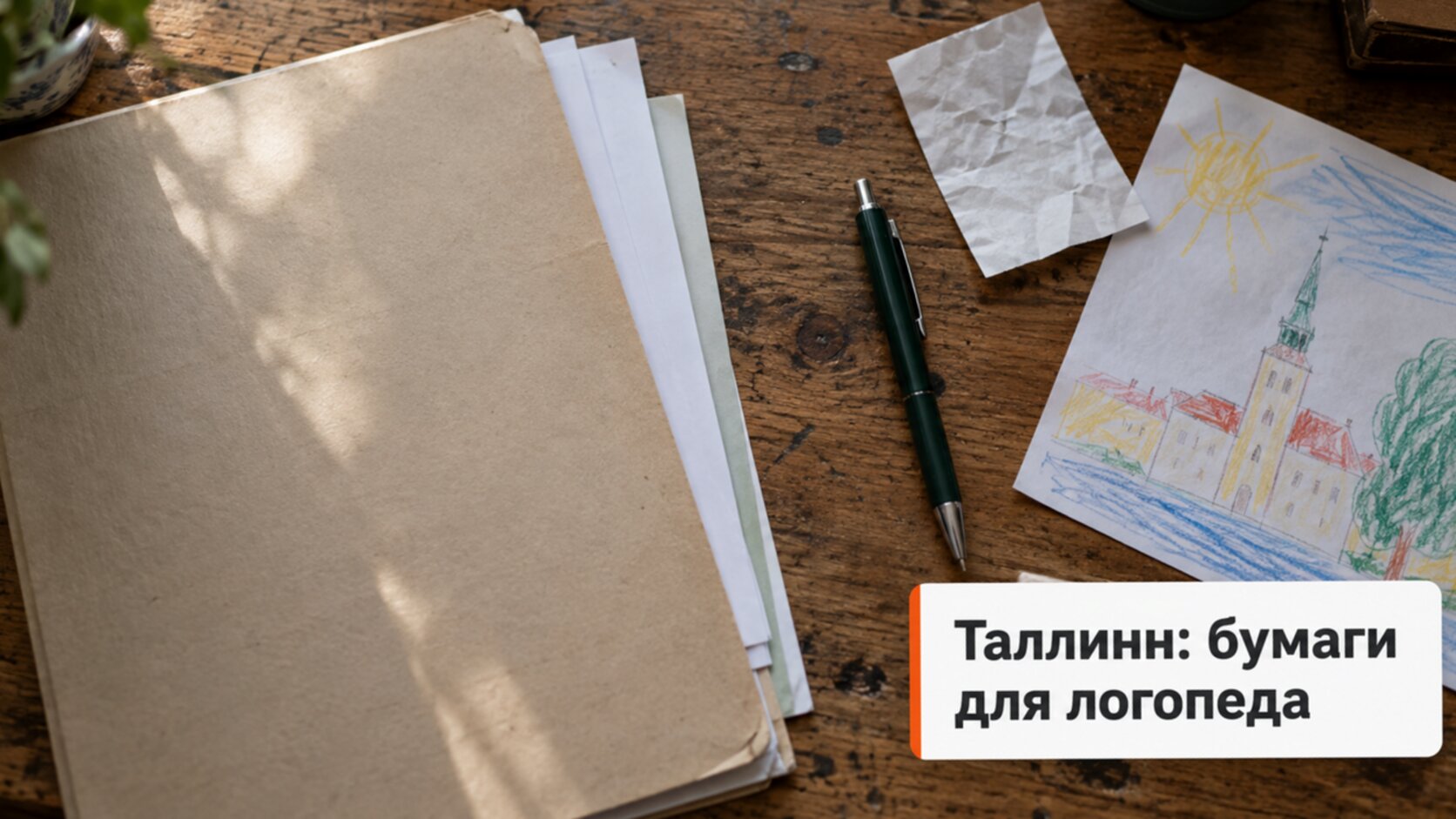 Папка с бумагами и чеком на столе рядом с детским рисунком