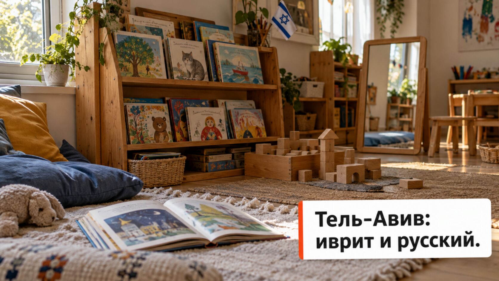 Уголок сада с книгами на двух языках