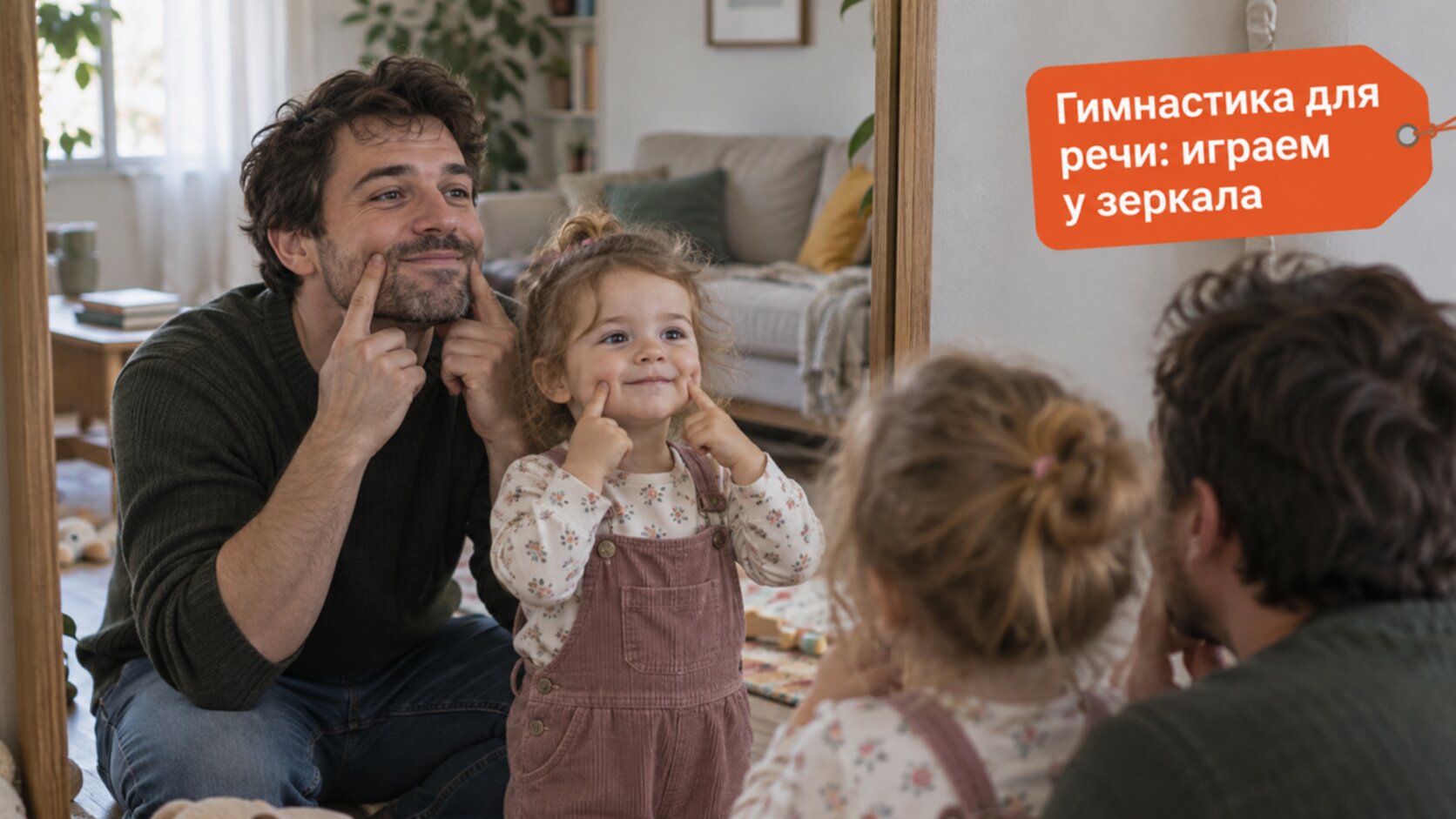 Папа и малышка делают артикуляционную гимнастику у зеркала