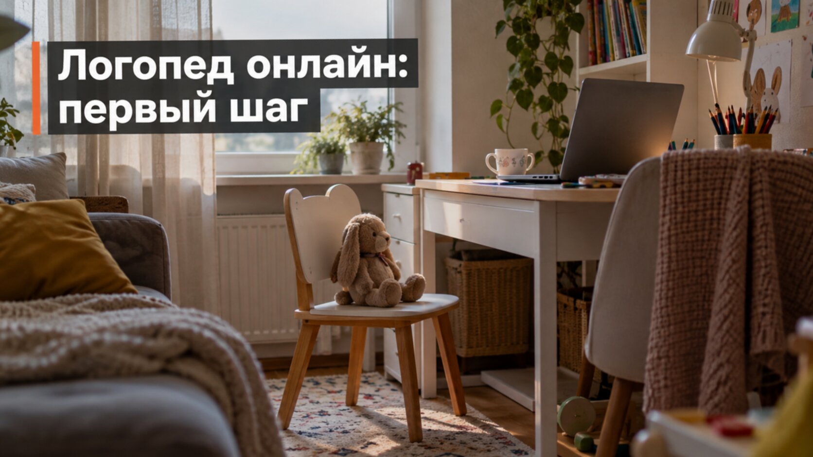 Консультация логопеда онлайн: детский уголок дома с ноутбуком