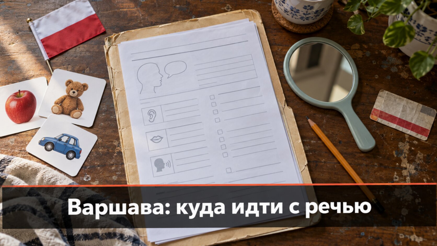 Логопед в Варшаве: папка с документами, карточки и зеркальце на столе