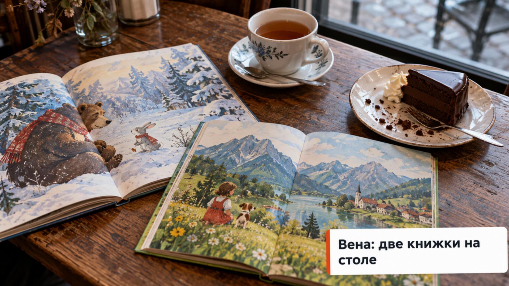 Русская и немецкая детские книги на столе в кафе