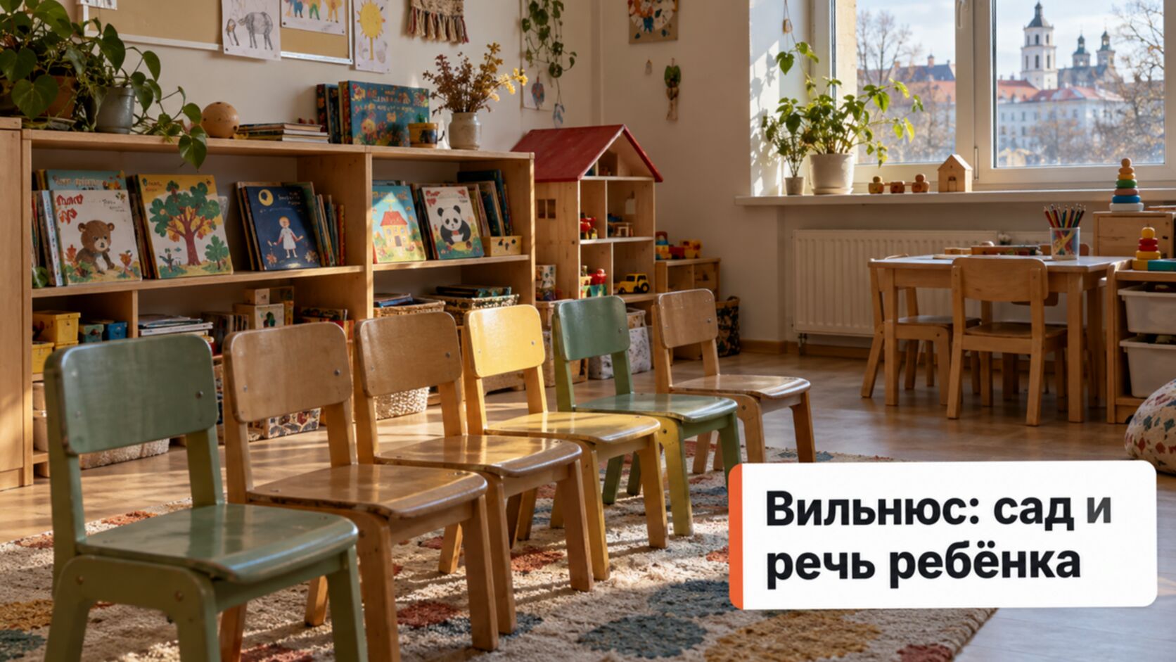 Групповая комната детского сада с книжной полкой