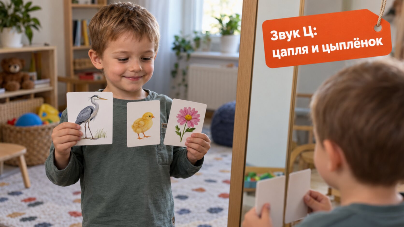 Как поставить звук Ц: мальчик 5 лет с карточками цапли, цыплёнка и цветка перед зеркалом