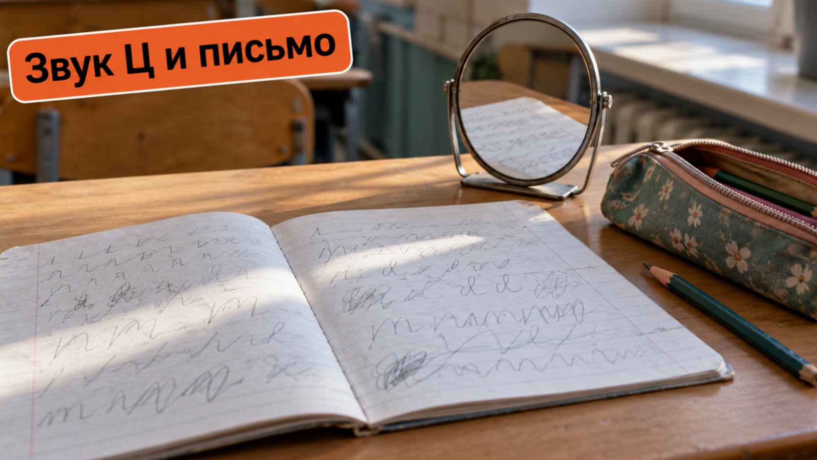 Тетрадь и пенал на детской парте: звук Ц и письмо в школе