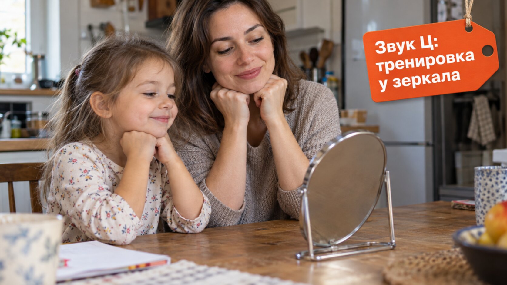 Девочка 5 лет с мамой делает упражнения для звука Ц перед зеркалом за кухонным столом