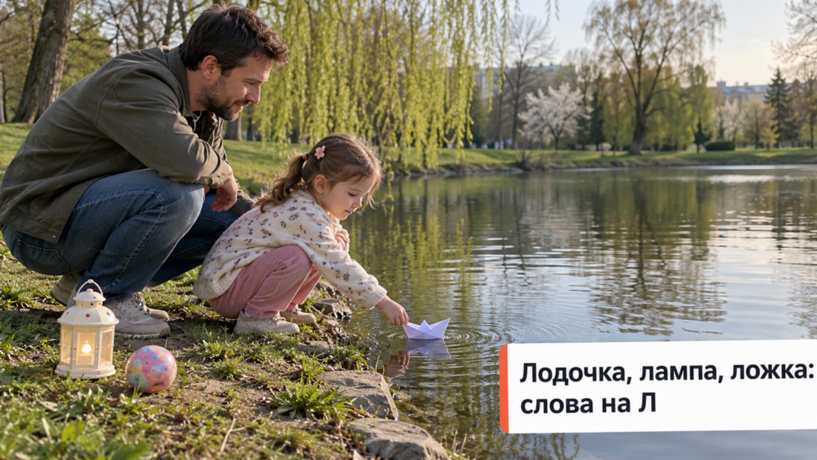 Как закреплять звук Л: папа с дочкой пускают бумажную лодочку на пруду