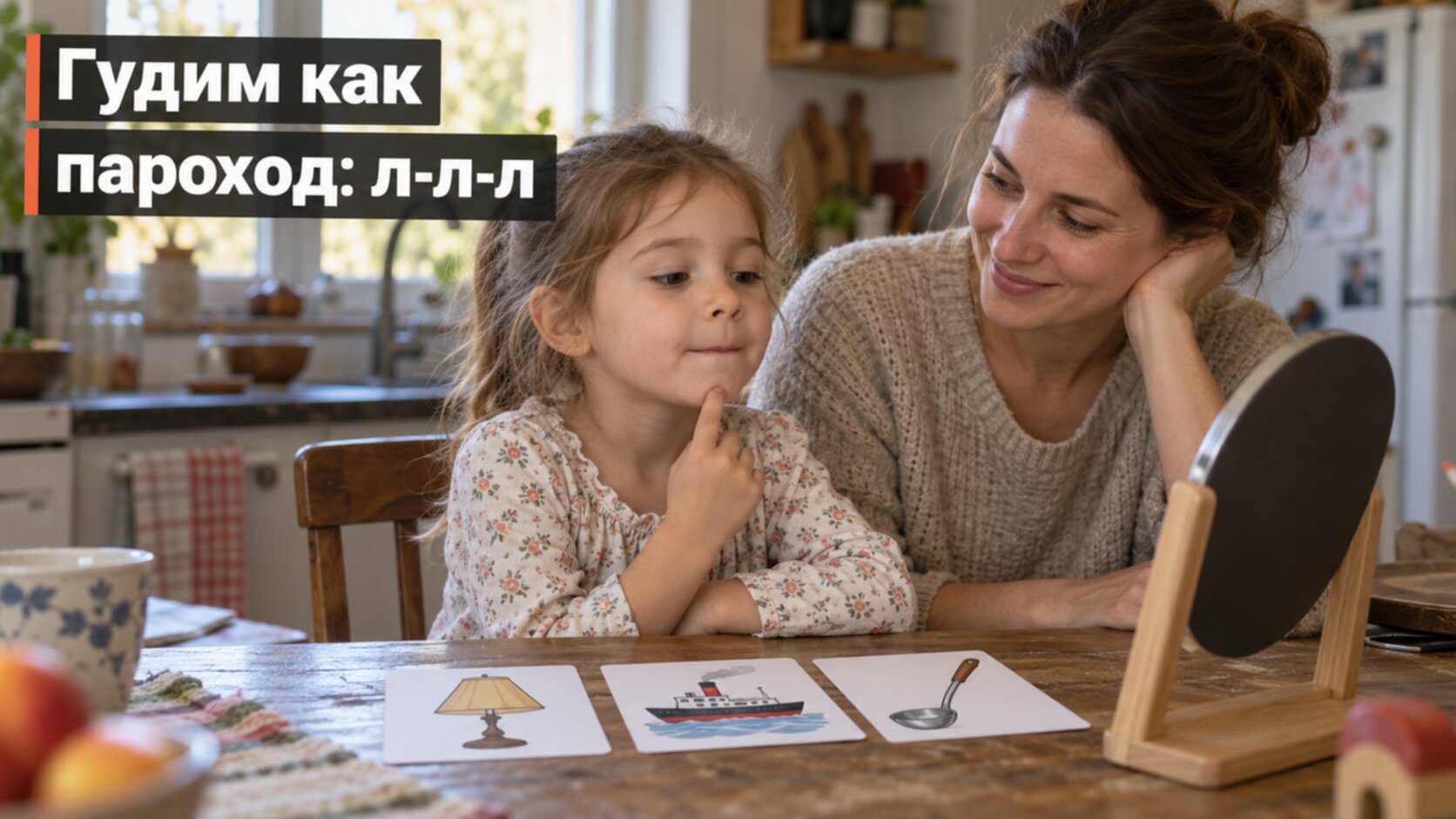 Как поставить звук Л ребёнку: девочка перед зеркалом гудит как пароход, мама рядом