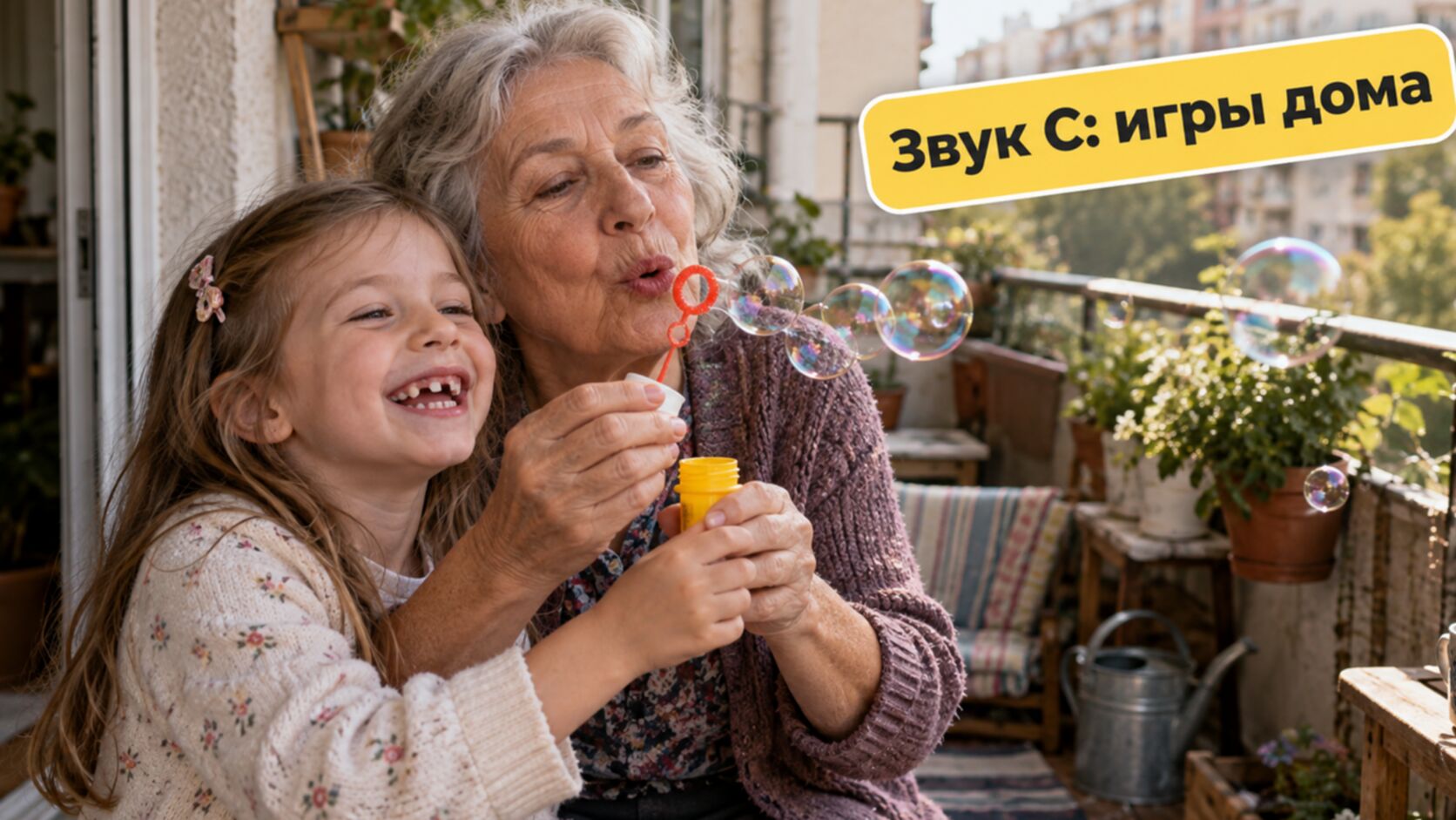 Бабушка и внучка 6 лет пускают мыльные пузыри: домашняя игра на струю воздуха для звука С