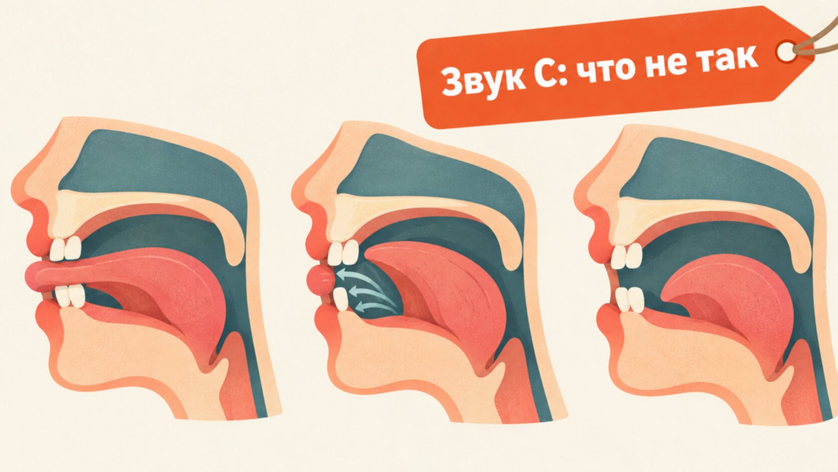 Схема трёх вариантов ошибки звука С: язык между зубами, воздух в сторону, язык отведён назад