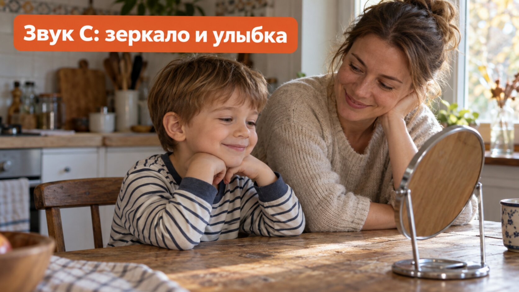 Мама с сыном 5 лет занимаются перед зеркалом: широкая улыбка для постановки звука С