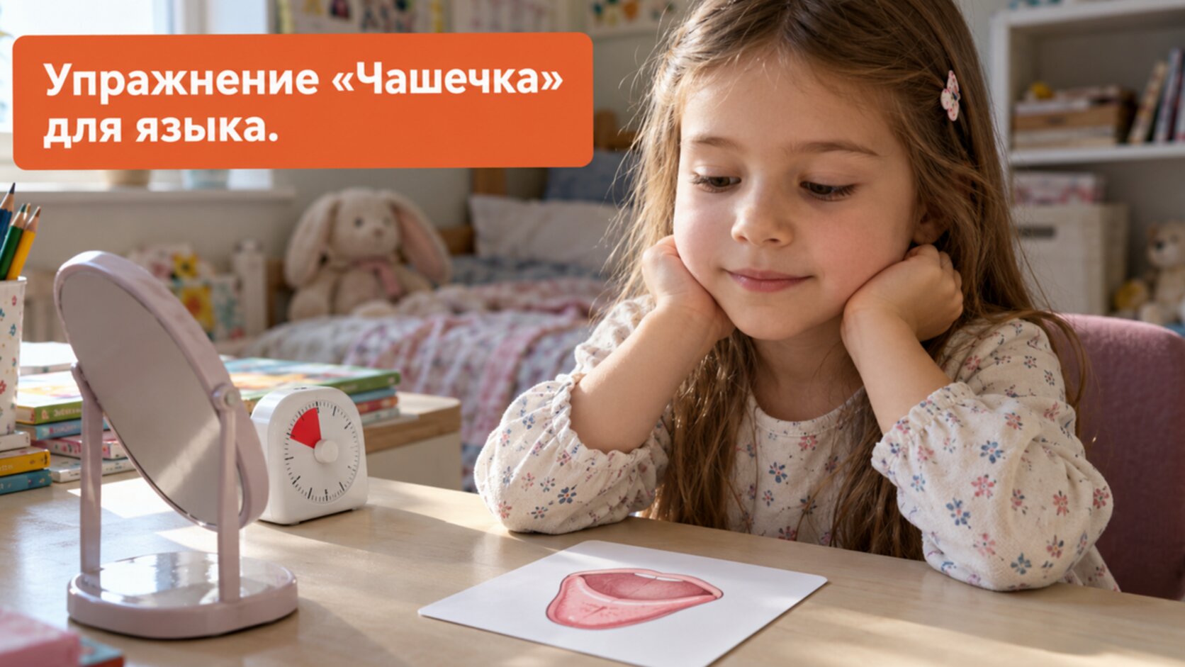 Упражнения для звука Ш: девочка выполняет «Чашечку» языком перед зеркалом