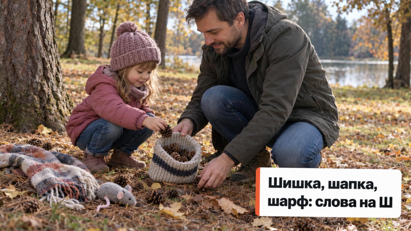Как закреплять звук Ш: папа с дочкой собирают шишки в шапку в парке
