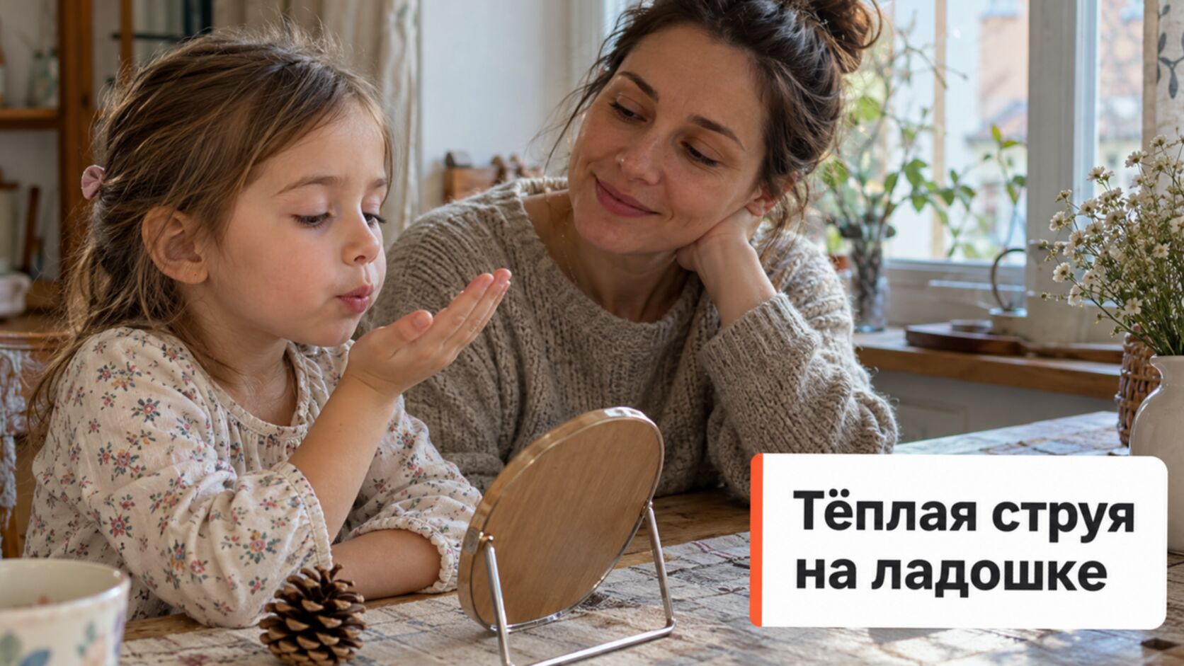Как звучит звук Ш: девочка проверяет тёплую струю воздуха на ладошке, мама рядом