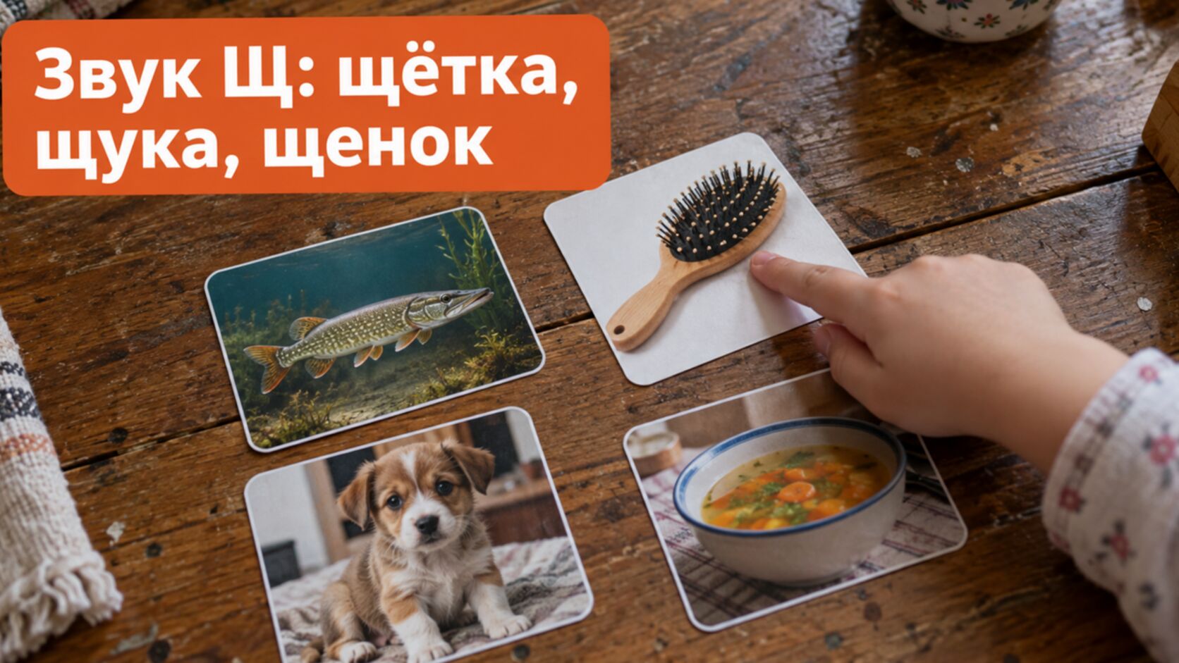 Карточки щётка, щука, щенок и щи для игры на слух со звуком Щ