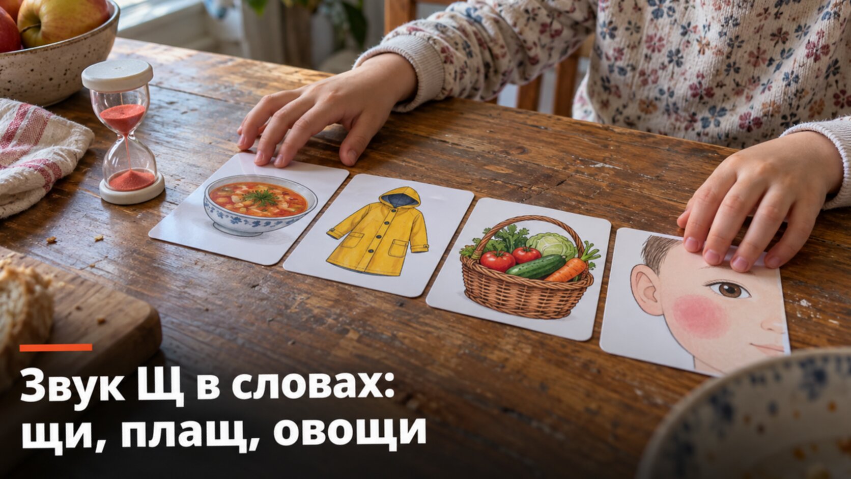 Карточки со словами для закрепления звука Щ: щи, плащ, овощи