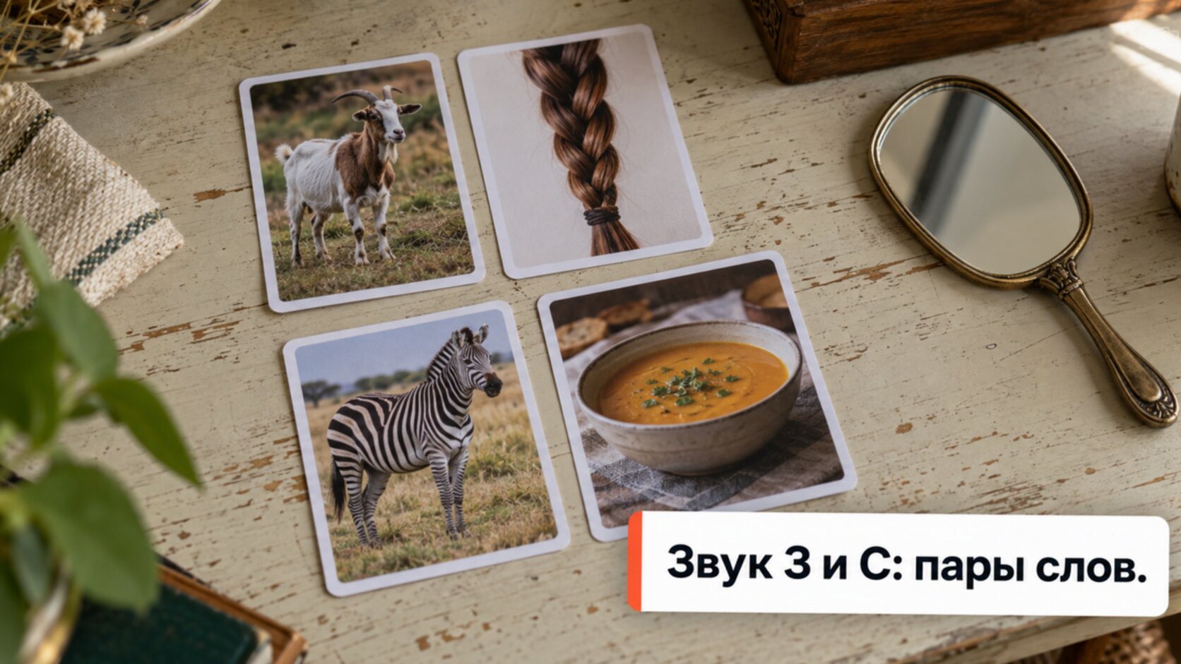 Парные карточки для различения З и С: коза, коса, зебра, соус