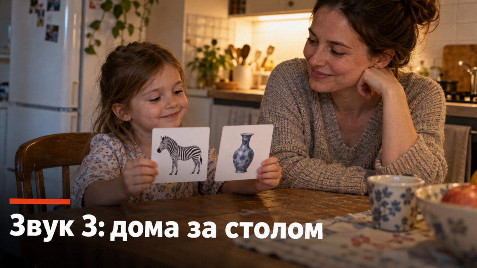 Семья за столом, ребёнок называет картинки со звуком З