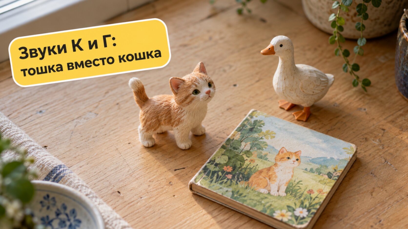 Игрушечные кошка и гусь на столе: ребёнок не выговаривает звуки К и Г в словах «кошка», «гусь»