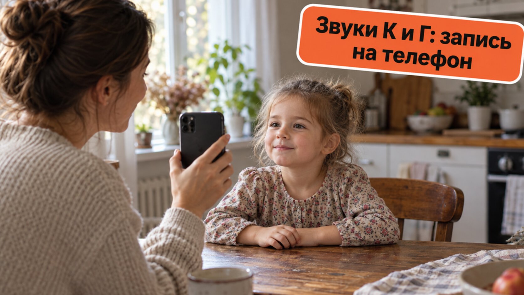 Мама записывает на телефон, как дочка произносит слова со звуками К и Г