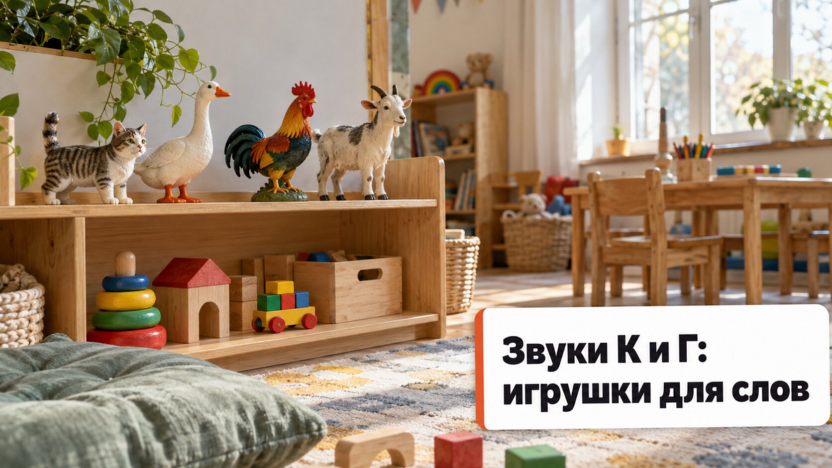 Детская комната с полкой игрушек для слов со звуками К и Г: кошка, гусь, петух, коза